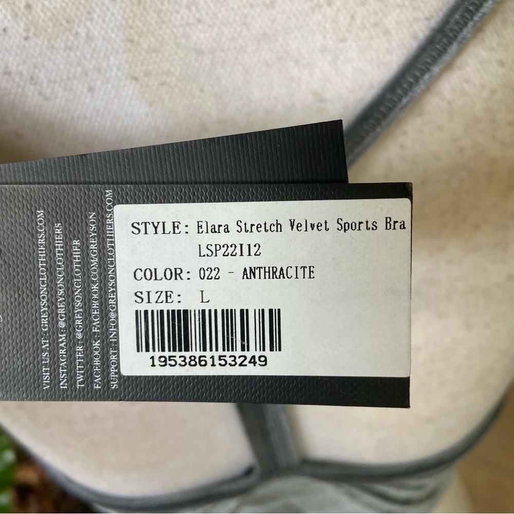 Greyson Elara Stretch Velvet Sports Bra Size L Anthracite Yoga Pilates Athletic - Picture 5 of 9
